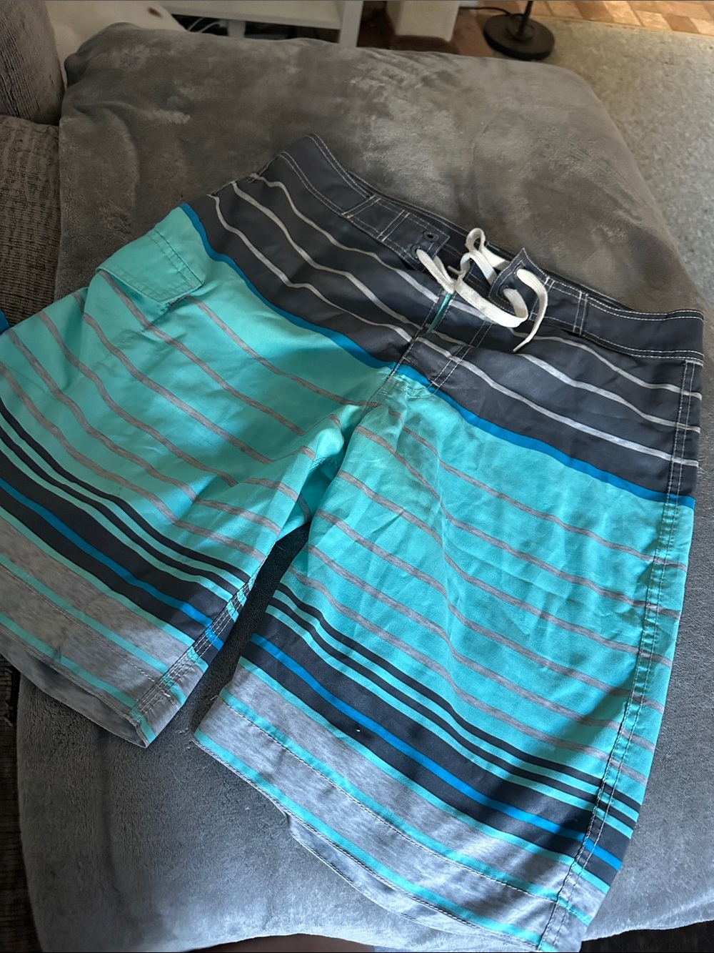 Old Navy Turquoise and Gray Striped Swim Board Shorts